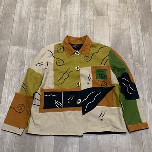 Allure Linen Blend Boho Patchwork Owl Button Oversized Aztec Button Up Jacket